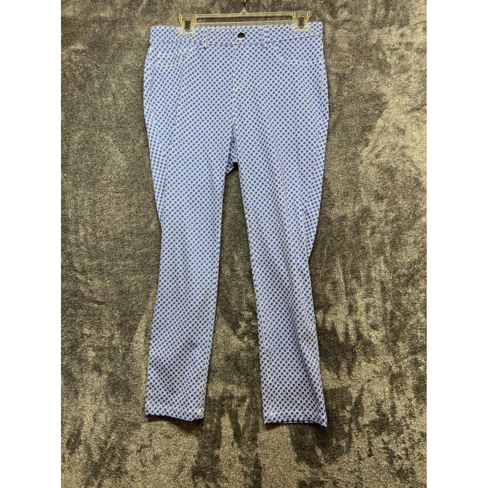 Rafaella Comfort Blue White Geometric Lattice Print Slim Leg Pants Womens 16